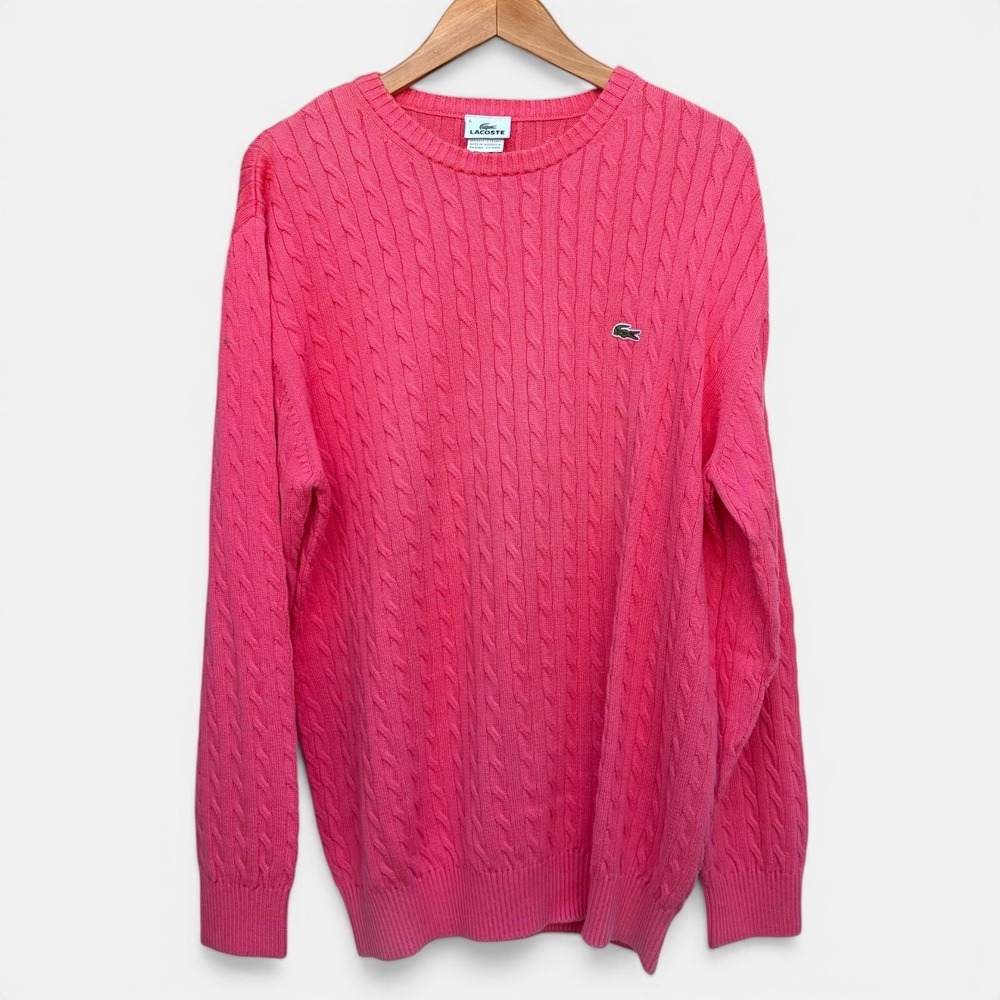 Lacoste Mens Cable Knit Sweater Pink Cotton Crewneck Size 6‎ Large